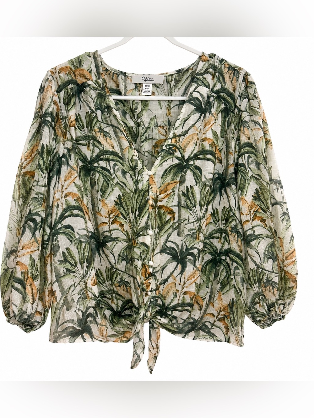 C by One Tropical Palm Print Tie Front Blouse Size M Lightweight